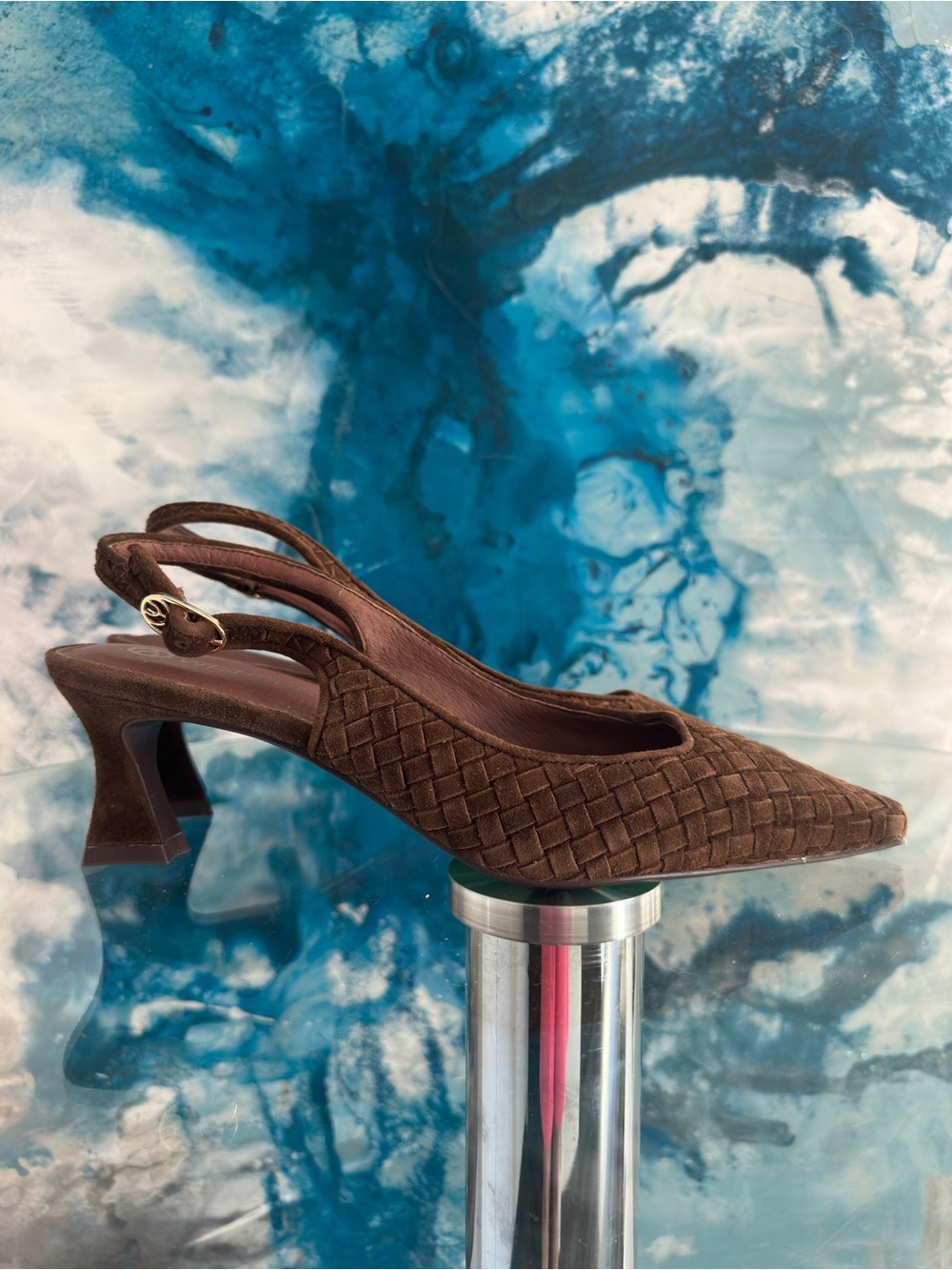 Brown’s Shoes, Wishbone Tessa Woven Suede Kitten Heel Slingback Pumps